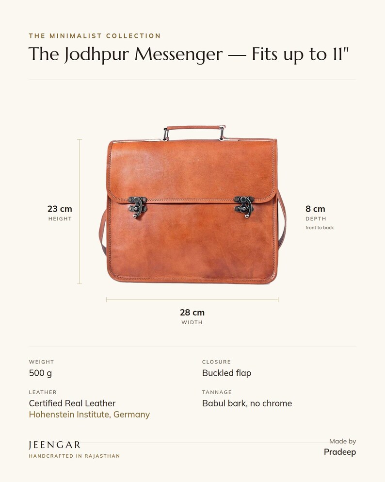 Specification card for The Jodhpur Messenger, fits up to 11 inch: 28 cm wide, 23 cm high, 8 cm deep, 500 g, buckled flap, full-grain leather, babul bark tannage. Made by Pradeep.