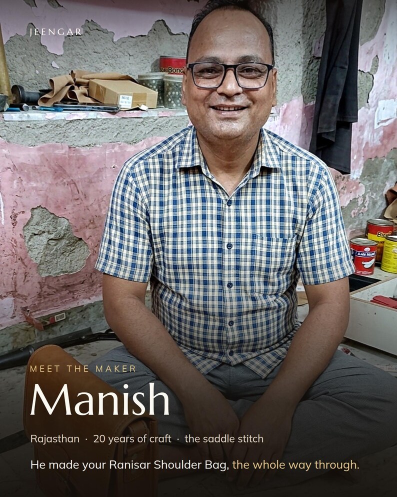 Manish, the Jeengar artisan who made the Ranisar Shoulder Bag, in the workshop in Rajasthan