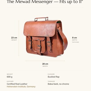 Specification card for The Mewad Messenger, fits up to 11 inch: 28 cm wide, 23 cm high, 8 cm deep, 600 g, buckled flap, full-grain leather, babul bark tannage. Made by Pradeep.