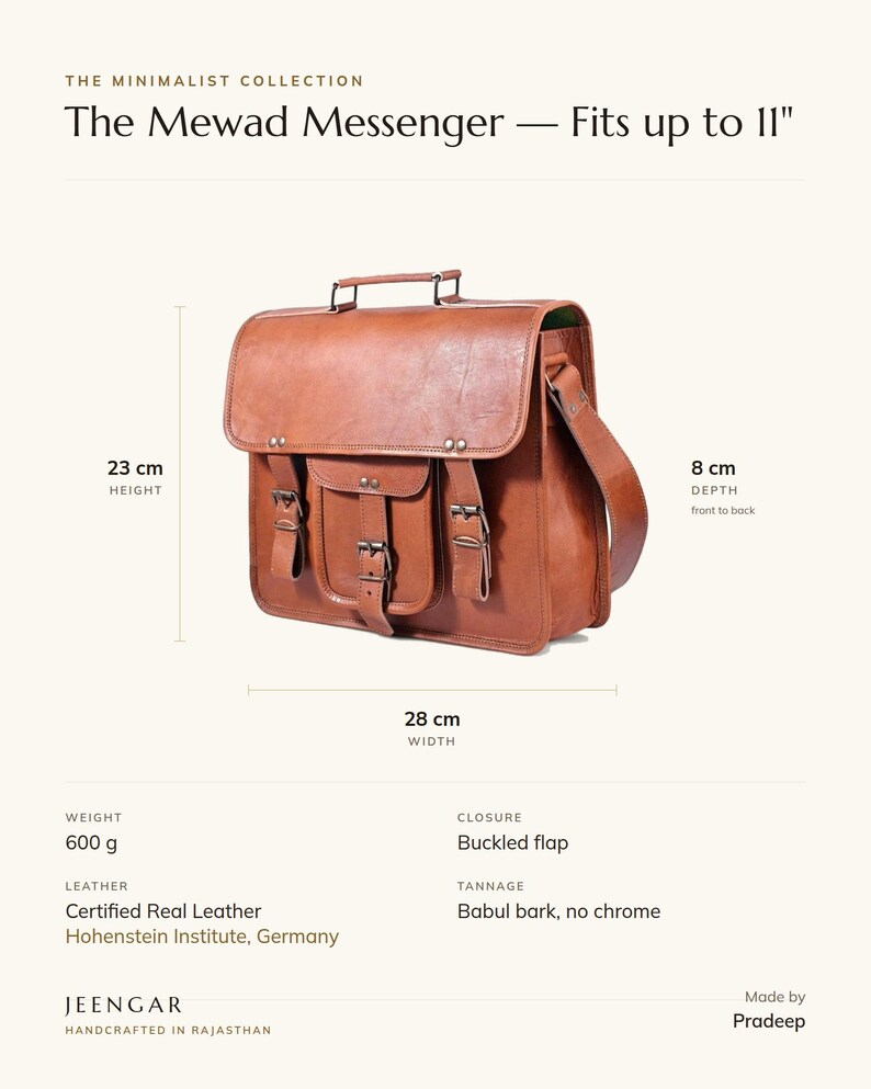 Specification card for The Mewad Messenger, fits up to 11 inch: 28 cm wide, 23 cm high, 8 cm deep, 600 g, buckled flap, full-grain leather, babul bark tannage. Made by Pradeep.