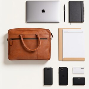 What The Sonar Briefcase holds: a 16-inch laptop, an A4 pad and folder, a notebook, a pen, a phone, a power bank, cards and a wallet laid out beside the bag