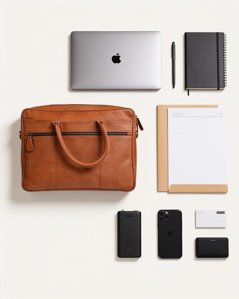 What The Sonar Briefcase holds: a 16-inch laptop, an A4 pad and folder, a notebook, a pen, a phone, a power bank, cards and a wallet laid out beside the bag
