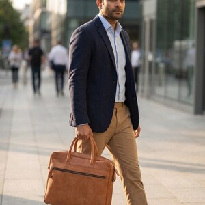 The Sonar Briefcase carried on a city street, real leather laptop briefcase for men (AI-generated)