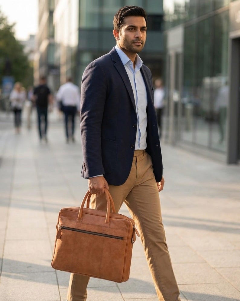 The Sonar Briefcase carried on a city street, real leather laptop briefcase for men (AI-generated)