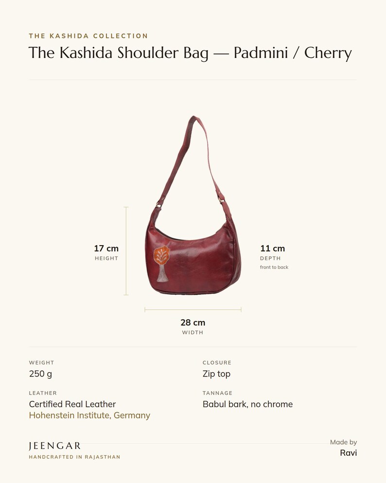 Specification card for The Kashida Shoulder Bag (Padmini / Cherry): 28 cm wide, 17 cm high, full-grain leather, babul bark tannage. Made by Ravi.