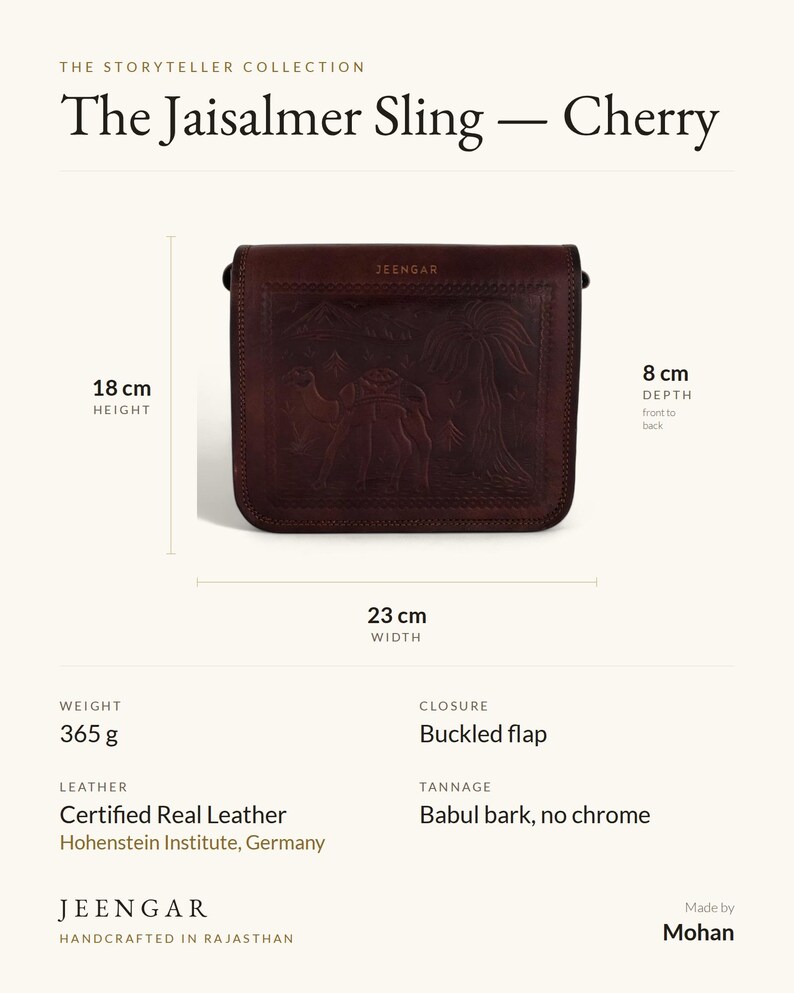Specification card for The Jaisalmer Sling in Cherry: 23 cm wide, 18 cm high, 8 cm deep, 365 g, buckled flap, full-grain leather, babul bark tannage. Made by Mohan.