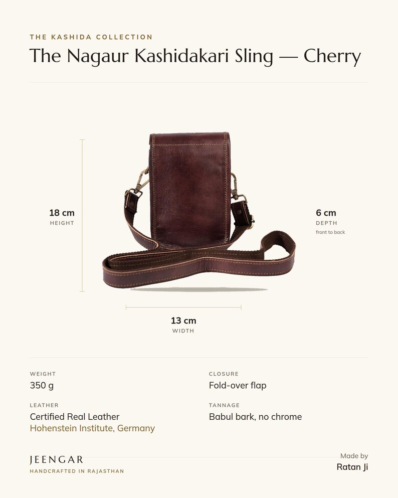 Specification card for The Nagaur Kashidakari Sling (Cherry): 13 cm wide, 18 cm high, full-grain leather, babul bark tannage. Made by Ratan Ji.