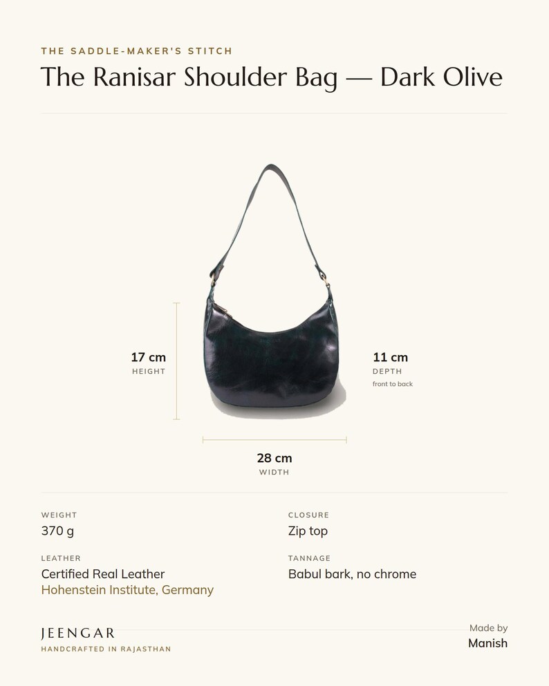 Specification card for The Ranisar Shoulder Bag in dark olive: 28 cm wide, 17 cm high, 11 cm deep, 370 g, zip top, full-grain leather, babul bark tannage. Made by Manish.