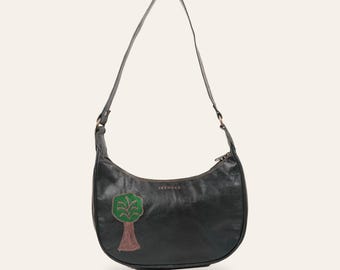 Curved Hobo Shoulder Bag in Certified Real Leather, Dark Olive, Padmini