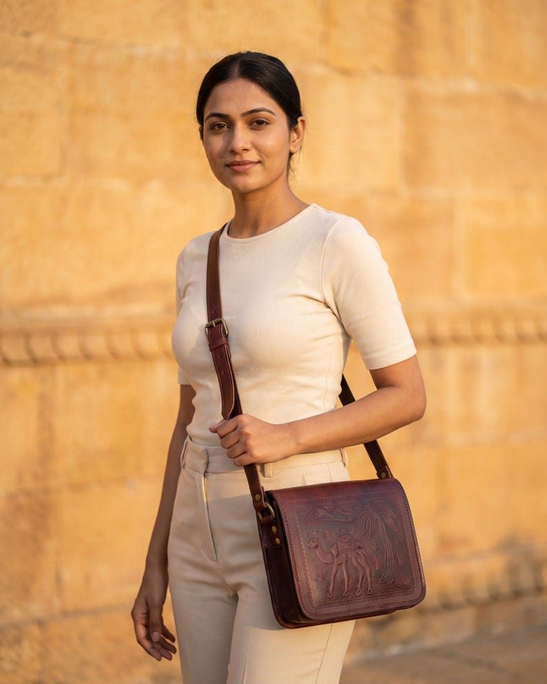 The Jaisalmer Sling in Cherry worn cross-body against golden sandstone at golden hour (AI-generated)
