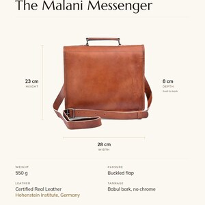 Specification card for The Malani Messenger: 28 cm wide, 23 cm high, 8 cm deep, 550 g, buckled flap, full-grain leather, babul bark tannage. Made by Pradeep.