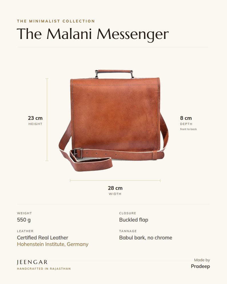 Specification card for The Malani Messenger: 28 cm wide, 23 cm high, 8 cm deep, 550 g, buckled flap, full-grain leather, babul bark tannage. Made by Pradeep.