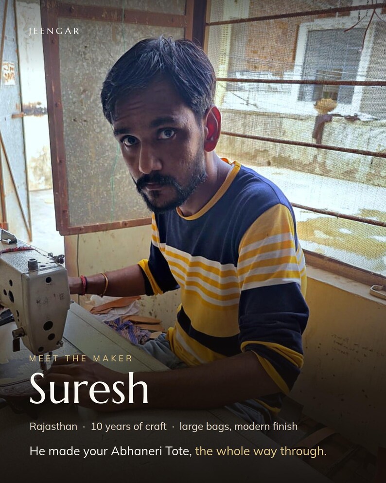 Suresh, the Jeengar artisan who made the Abhaneri Tote, in the workshop in Rajasthan