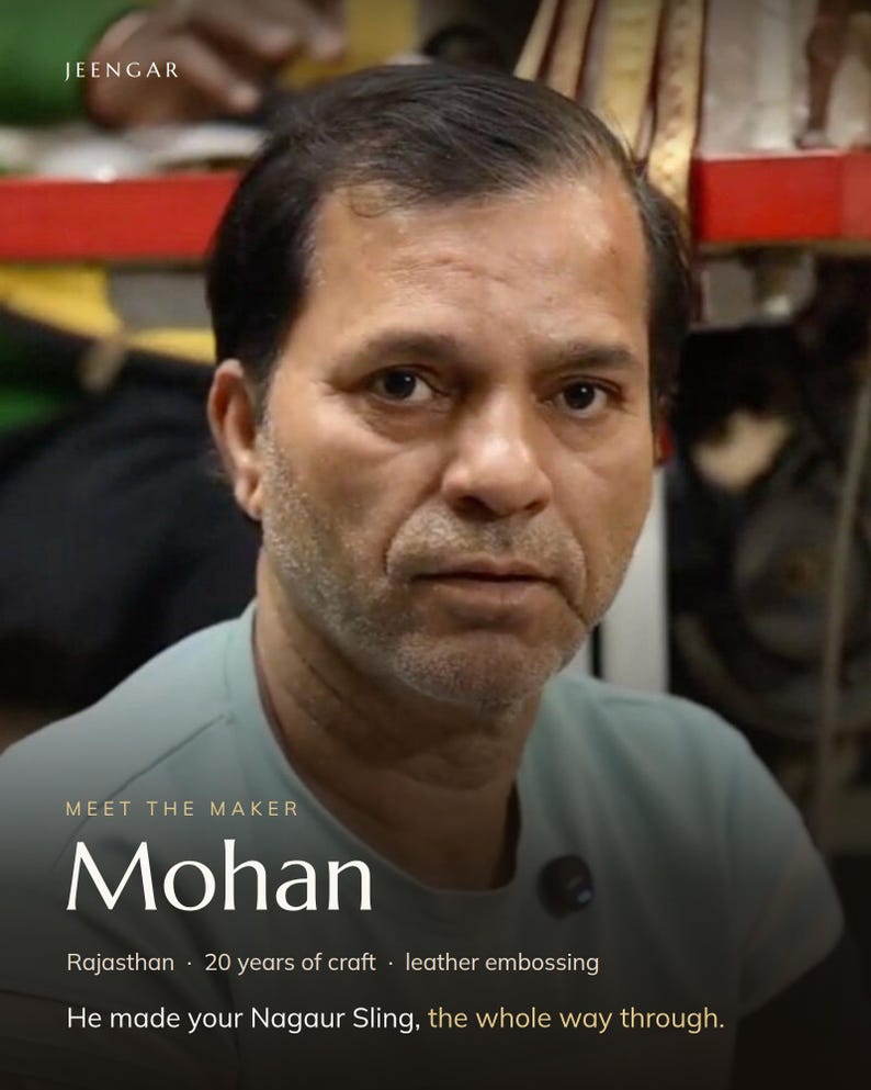 Mohan, the Jeengar artisan who made the Nagaur Sling, in the workshop in Rajasthan