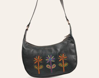 Curved Hobo Shoulder Bag in Certified Real Leather, Dark Olive, Sanyogita