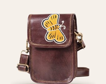 Crossbody Sling Bag in Certified Real Leather, Cherry, Nagaur Kashidakari