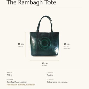 Specification card for The Rambagh Tote: 36 cm wide, 28 cm high, 15 cm deep, 750 g, zip top, full-grain leather, babul bark tannage. Made by Manish.