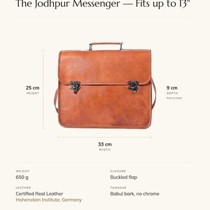 Specification card for The Jodhpur Messenger, fits up to 13 inch: 33 cm wide, 25 cm high, 9 cm deep, 650 g, buckled flap, full-grain leather, babul bark tannage. Made by Pradeep.
