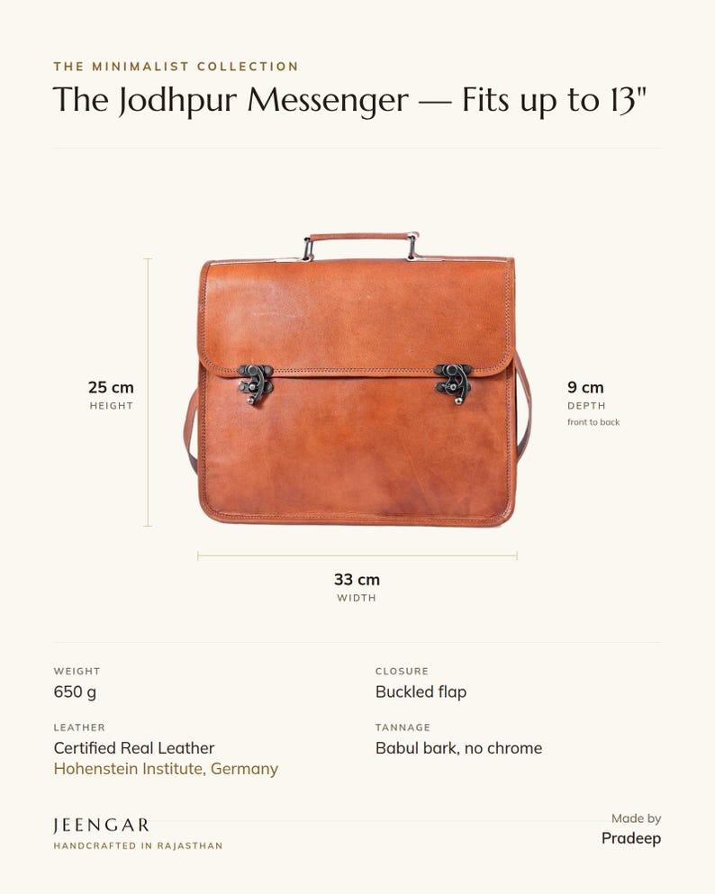 Specification card for The Jodhpur Messenger, fits up to 13 inch: 33 cm wide, 25 cm high, 9 cm deep, 650 g, buckled flap, full-grain leather, babul bark tannage. Made by Pradeep.