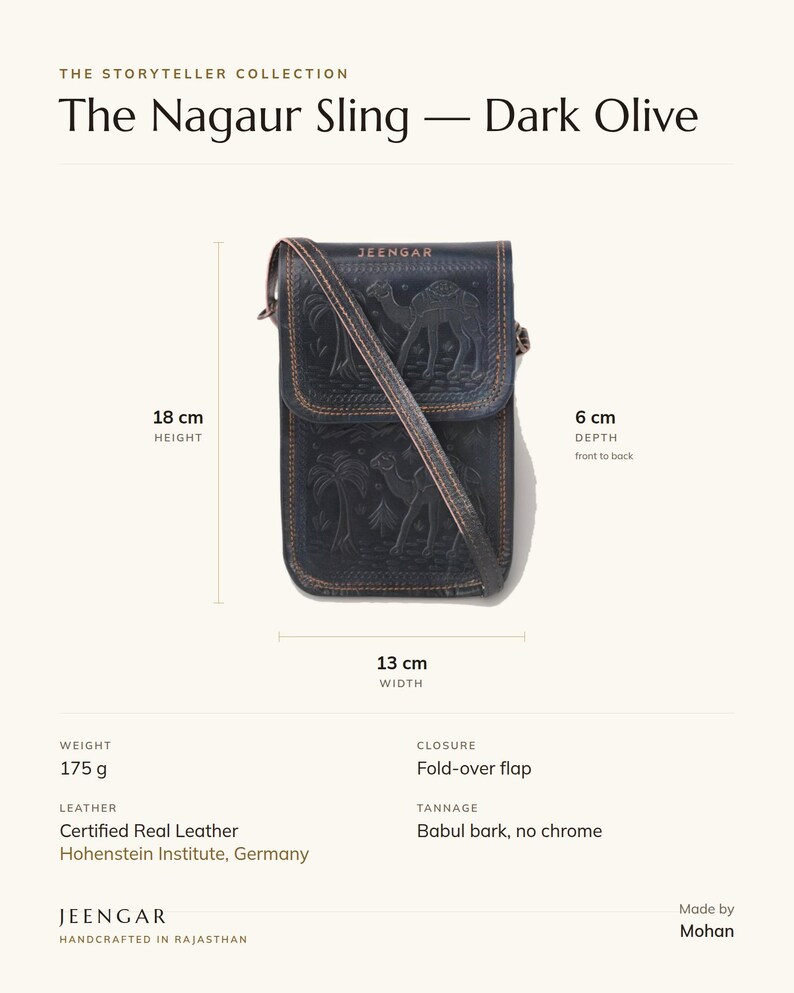 Specification card for The Nagaur Sling in dark olive: 13 cm wide, 18 cm high, 6 cm deep, 175 g, fold-over flap, full-grain leather, babul bark tannage. Made by Mohan.