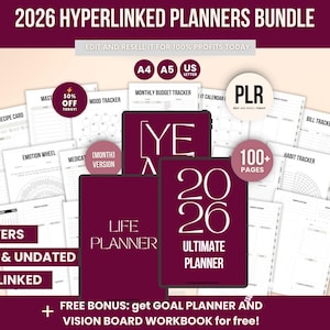 May include: A bundle of 2026 Hyperlinked Planners with various templates, including a recipe card, mood tracker, and habit tracker. The bundle includes 10 covers, dated and undated options, and over 100 pages. The text on the cover reads "Life Planner" and "Ultimate Planner".