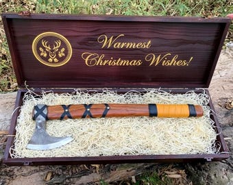 Engraved Viking Axe with Wooden Gift Box – Handmade Norse Bearded Hatchet |Custom Axe, Personalized Gift for Him, Father, Husband, Groomsmen