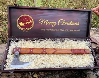 Engraved Viking Axe with Wooden Gift Box – Handmade Norse Bearded Hatchet |Custom Axe, Personalized Gift for Him, Father, Husband, Groomsmen