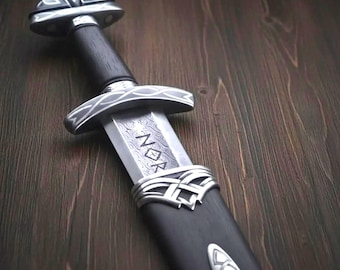 Handmade Damascus Steel Viking Sword: Ragnar Lothbrok Replica with Leather Scabbard
