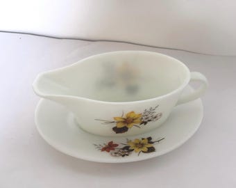 Vintage JAJ Milk Glass Gravy Boat with Underplate • Made in England • Floral Sauce Jug • Mid Century Tableware