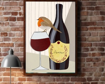 Impressão artística de um pássaro Robin em uma garrafa de vinho Amarone: Decoração de cozinha, presente para amantes de vinho (Download digital)