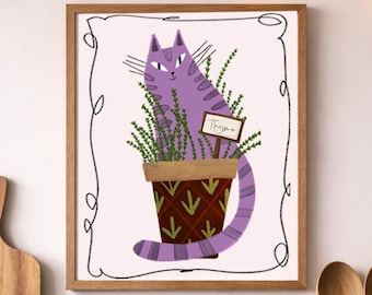 Impressão artística de gato com tomilho para cozinha – Ilustração botânica de gato com ervas (Download digital)