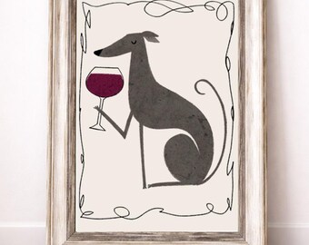 Ilustração de um galgo bebendo vinho – Arte divertida para cozinha com cachorro (Download digital)