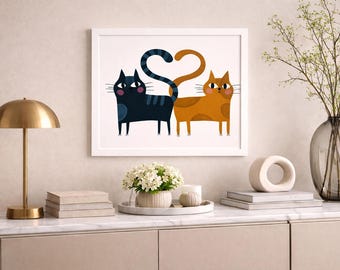 Impressão artística de casal de gatos, ilustração minimalista de amor (download digital)