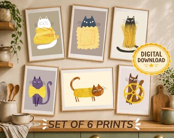 Conjunto de 6 gravuras minimalistas de gatos em massa, decoração de cozinha italiana, arte felina (download digital)