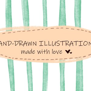 Puede incluir: Ilustraci&oacute;n con una pancarta ovalada de color melocot&oacute;n claro con el texto "HAND-DRAWN ILLUSTRATIONS made with love" en marr&oacute;n. El fondo tiene rayas verticales de color verde azulado claro sobre un fondo blanco.