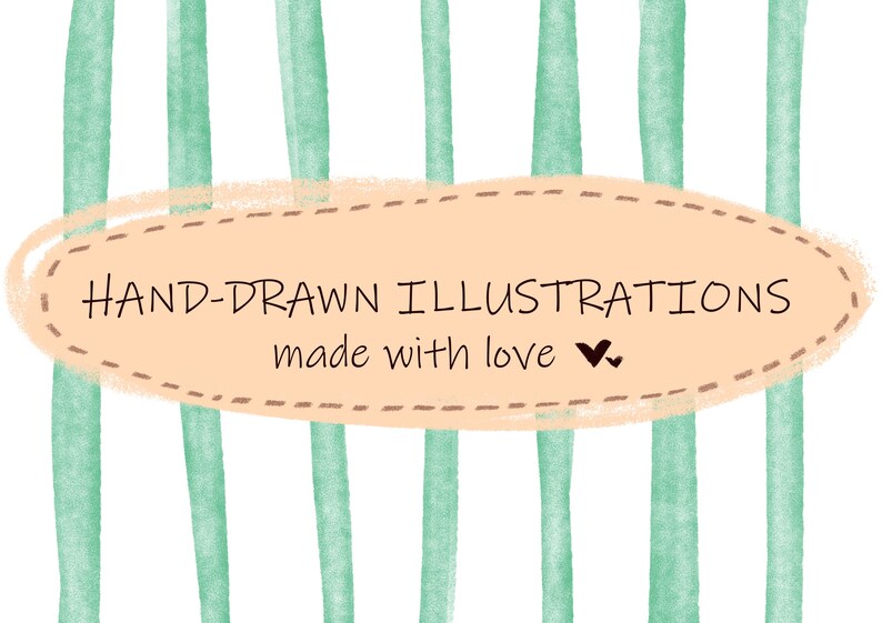 Puede incluir: Ilustraci&oacute;n con una pancarta ovalada de color melocot&oacute;n claro con el texto "HAND-DRAWN ILLUSTRATIONS made with love" en marr&oacute;n. El fondo tiene rayas verticales de color verde azulado claro sobre un fondo blanco.