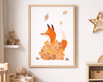 Arte de parede imprimível de raposa, ilustração de animal para quarto de bebê, raposa da floresta com folhas de outono, download digital
