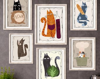 Juego de láminas decorativas de gatos para la cocina: divertidas ilustraciones en tonos neutros (descarga digital)