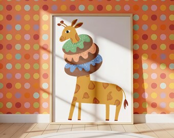 Arte para quarto de bebê com girafa e donut, ilustração de animal divertida, decoração para quarto infantil (download digital)
