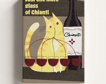 Impressão divertida de gato com vinho, decoração de cozinha italiana, pôster de Chianti, arte de parede original (download digital)