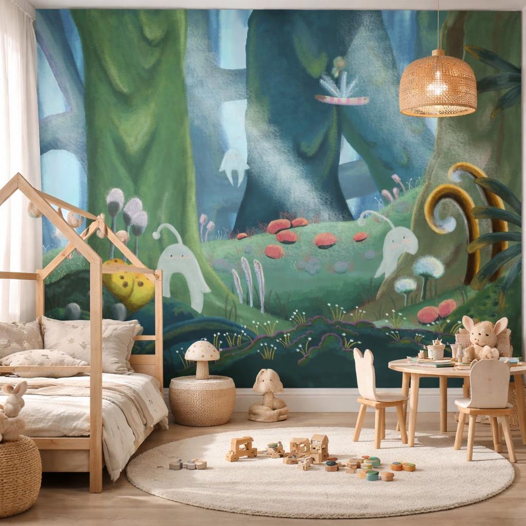 Kids Forest Wall Mural Printable Woodland Wallpaper Nursery Digital ...