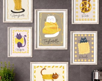 Conjunto de 6 quadros decorativos com gatos e macarrão divertidos para parede – Decoração de cozinha italiana – Download digital