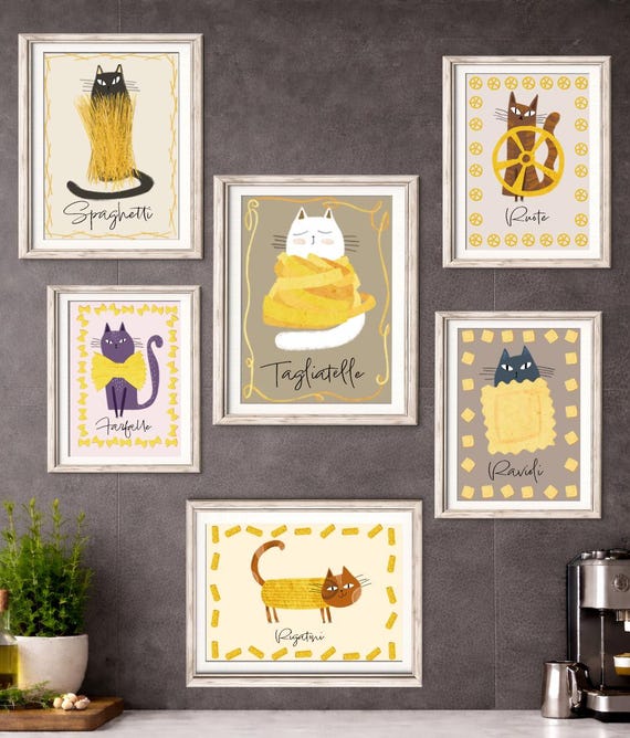 Pasta Poster Set of 6, Italian Food Posters, Funny Cat Kitchen Wall Art, Pasta Wall Art, Italian Kitchen Decor, Printable Art