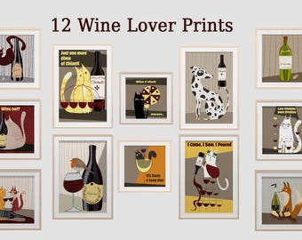 12 Gravuras Divertidas de Animais para Decoração de Cozinha Italiana, Arte para Carrinho de Bar (Download Digital)
