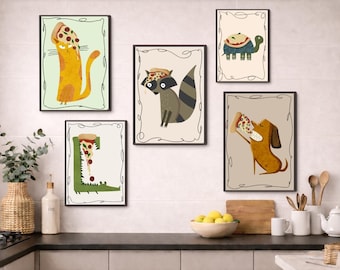 Conjunto de Arte de Parede com Animais e Pizza, Impressões Divertidas para Cozinha Italiana (Download Digital)