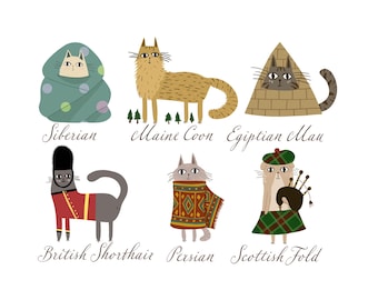 Arte de parede com raças de gatos para imprimir, pôster digital para download, decoração para quarto de bebê e casa.
