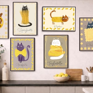 Juego de 6 láminas decorativas divertidas de gatos con pasta – Decoración de cocina italiana – Descarga digital imagen 2