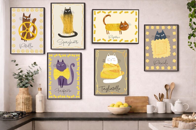 Juego de 6 láminas decorativas divertidas de gatos con pasta – Decoración de cocina italiana – Descarga digital imagen 2
