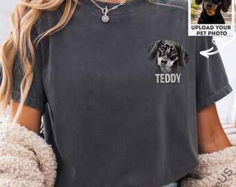 Gepersonaliseerde shirt huisdier portret, aangepaste hondenfoto T-shirt, minimale zak huisdier shirt, comfort kleuren hond moeder cadeau, kattenliefhebber vintage T-shirt