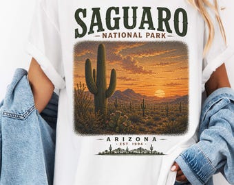 Shirt nationaal park Saguaro, grafisch T-shirt Arizona woestijn zonsondergang, vintage T-shirt cactus natuur, retro Southwest Travel-wandelshirt